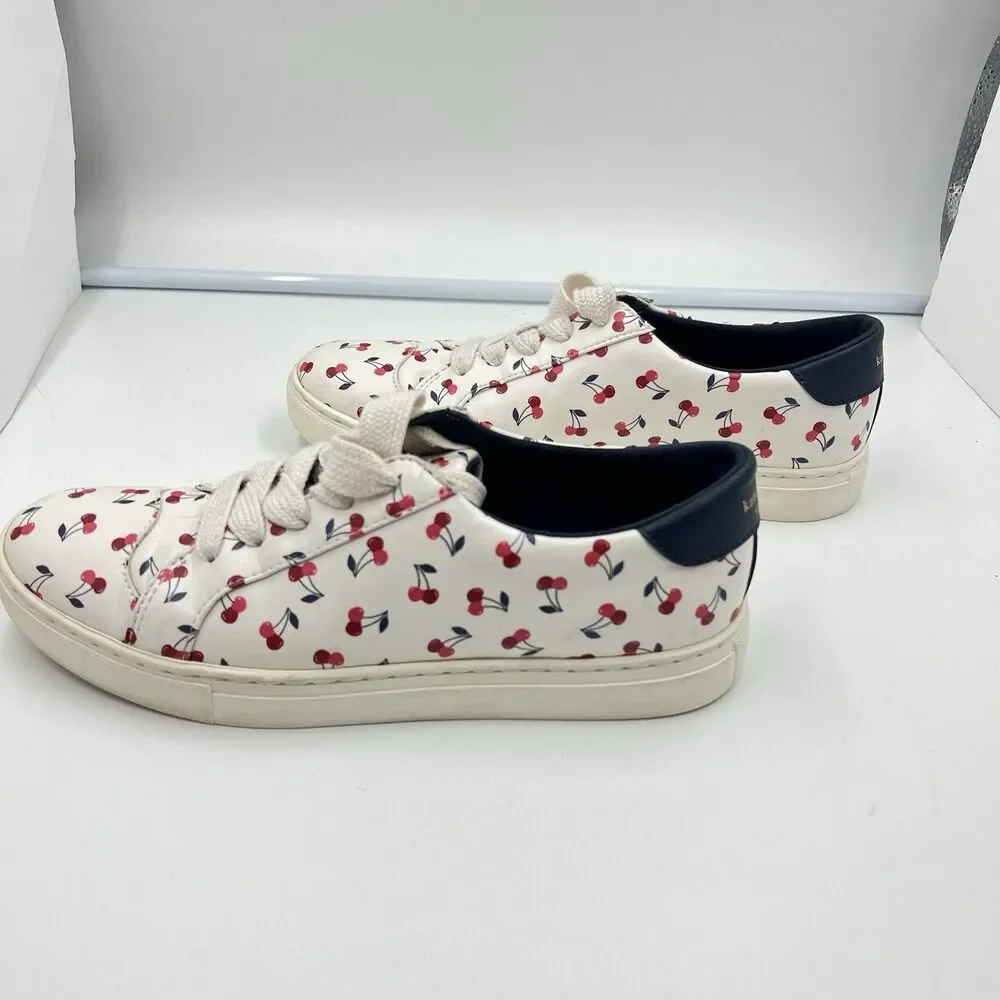 White Cherry-Print Low-Top Sneakers with Navy Heel Accent